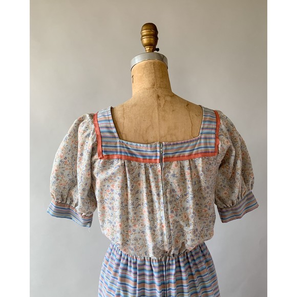 Vintage 1970s Blue Pink Floral Patchwork Tiered Ruffled Maxi Dress Small Medium - Picture 6 of 10